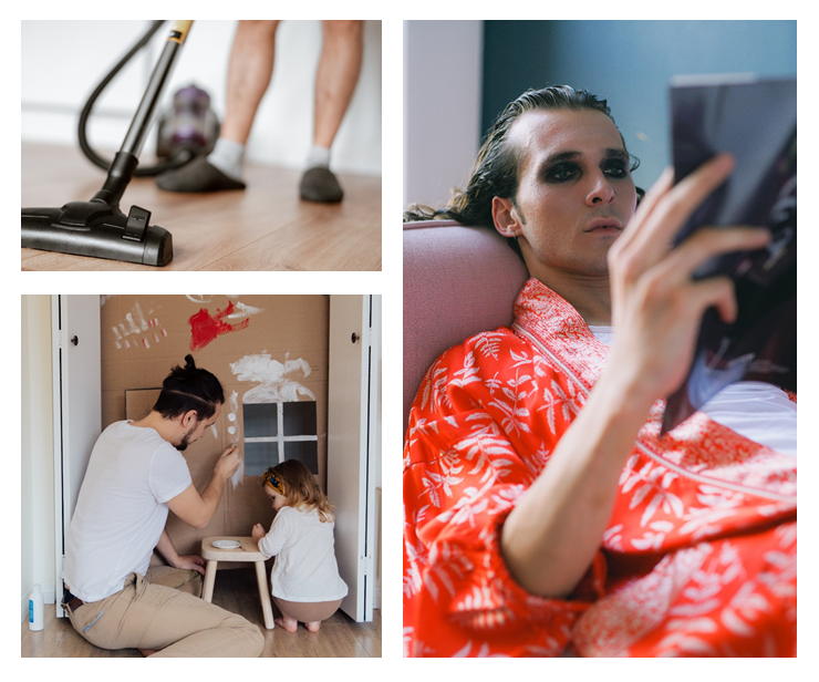 L'émergence de normes de masculinité progressistes permet aux hommes d’occuper des rôles autrefois réservés aux femmes. Photos de Anete Lusina (en haut à gauche) SHVETS production (à droite) et Tatiana Syrikova (en bas à gauche) provenant de Pexels